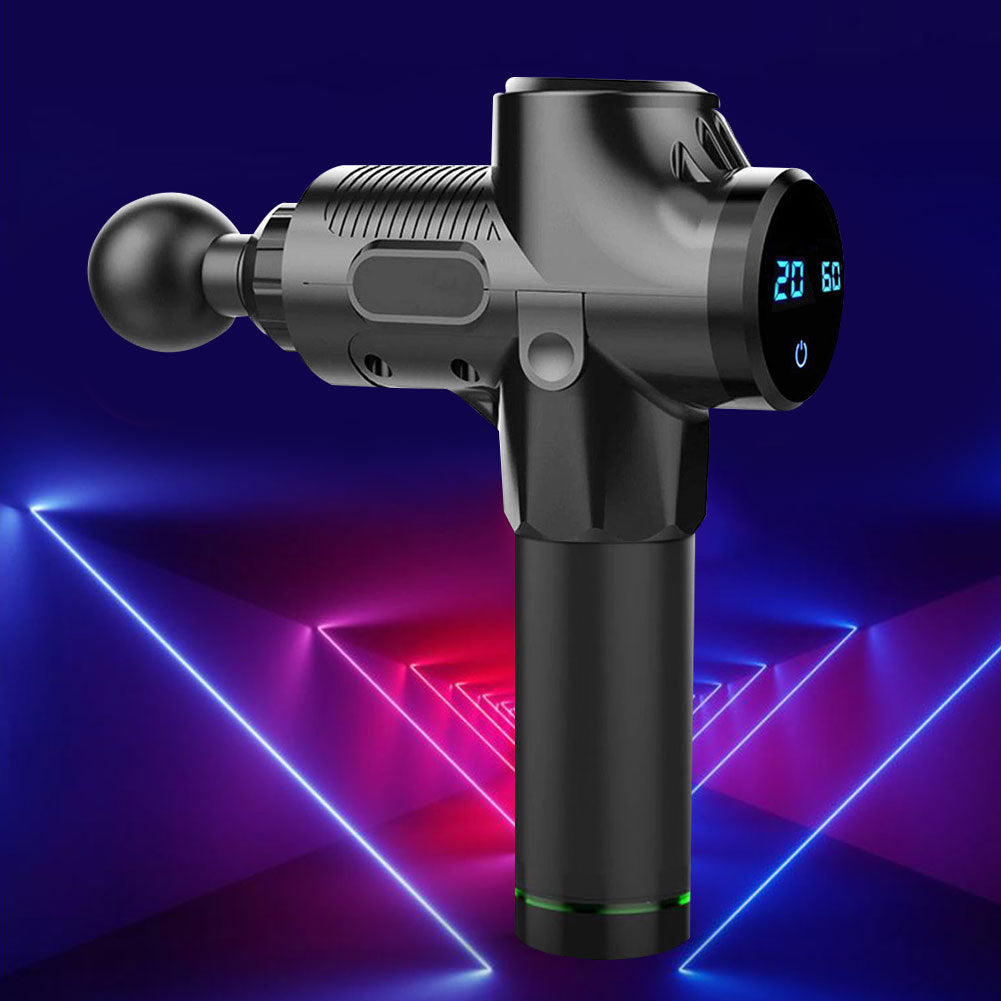 Black Trendoligy massage gun with digital display on a neon light geometric background