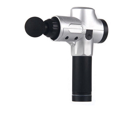 Silver and black Trendoligy deep tissue massage gun with round black attachment on white background