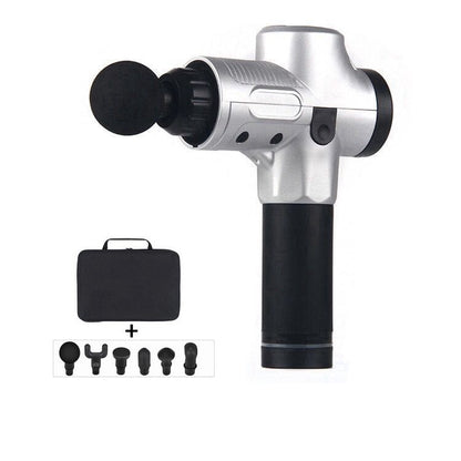 Silver and black cordless massage gun with six interchangeable heads and black carrying case