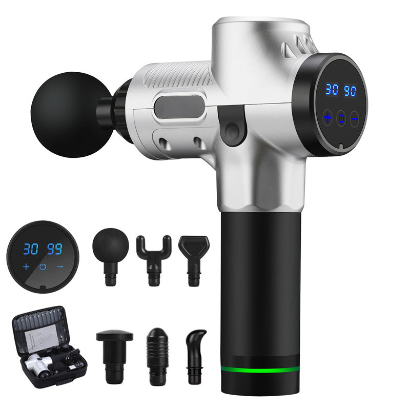 Silver and black Trendoligy percussion massage gun with digital display and six interchangeable massage heads