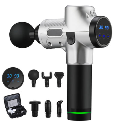 Silver and black Trendoligy percussion massage gun with digital display and six interchangeable massage heads