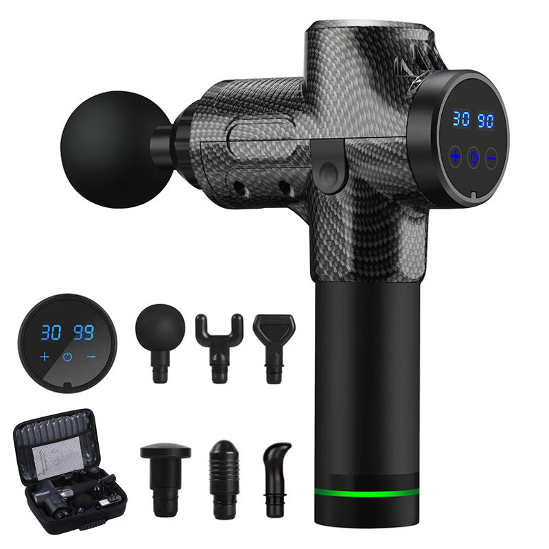 black carbon fiber percussion massage gun with LED display and six interchangeable heads with carrying case