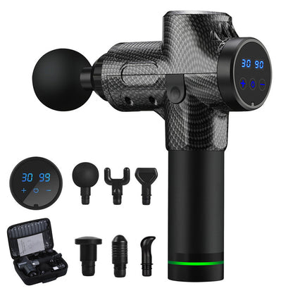 black carbon fiber percussion massage gun with LED display and six interchangeable heads with carrying case