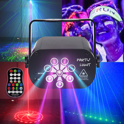 Black LED party light with multiple laser beams, remote control, and colorful stage lighting effects