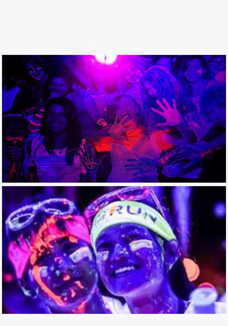 People at a party with neon face paint under blacklight, showing vibrant glowing colors