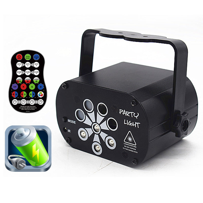 Black LED party light with multiple laser lenses, remote control, and rechargeable battery icon