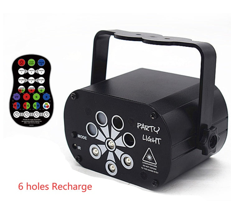 Black party light with six lens holes, adjustable handle, and remote control for stage and DJ shows