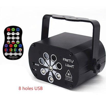 Black USB-powered party light with 8 holes, remote control, and adjustable handle for DJ and disco events