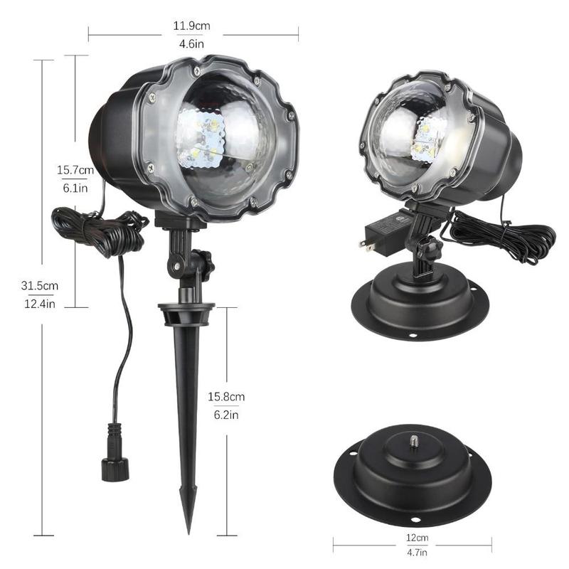 Black Trendoligy LED snowfall projector light with spike and base mount, outdoor Christmas decoration