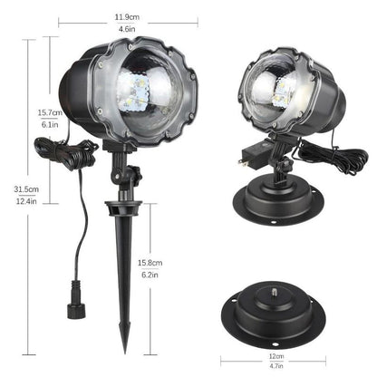 Black Trendoligy LED snowfall projector light with spike and base mount, outdoor Christmas decoration