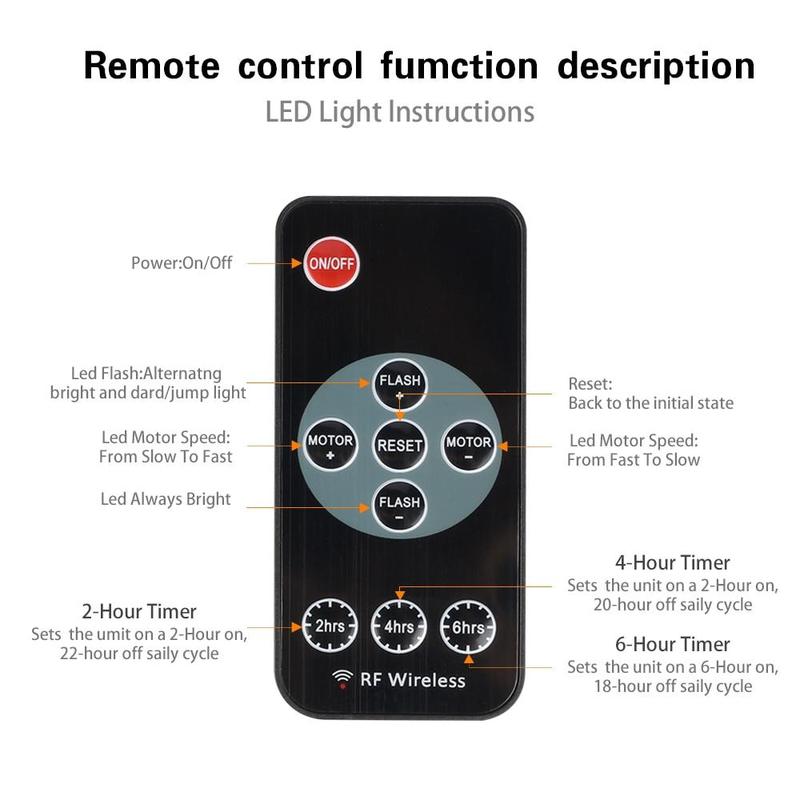 Black remote control for LED snowfall projector with power, flash, motor speed, and timer buttons