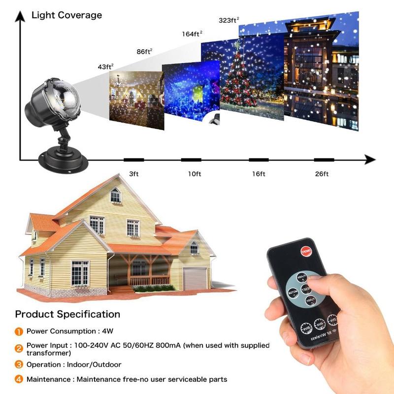 Black LED snowfall projector light with remote showing light coverage on house and Christmas tree outdoors