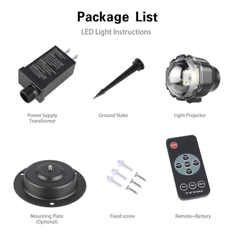 LED snowfall projector light package with power supply, ground stake, projector, mounting plate, screws, and remote