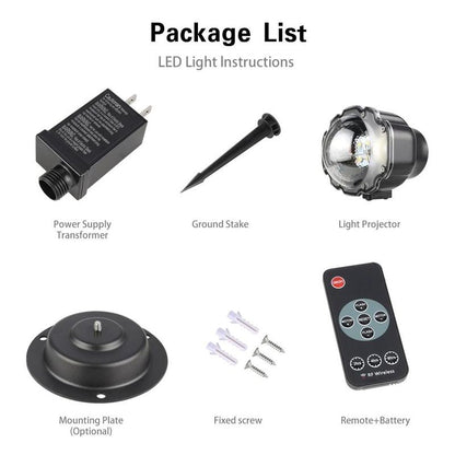 LED snowfall projector light package with power supply, ground stake, projector, mounting plate, screws, and remote
