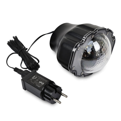 Black LED snowfall projector light with European plug and long cable on white background