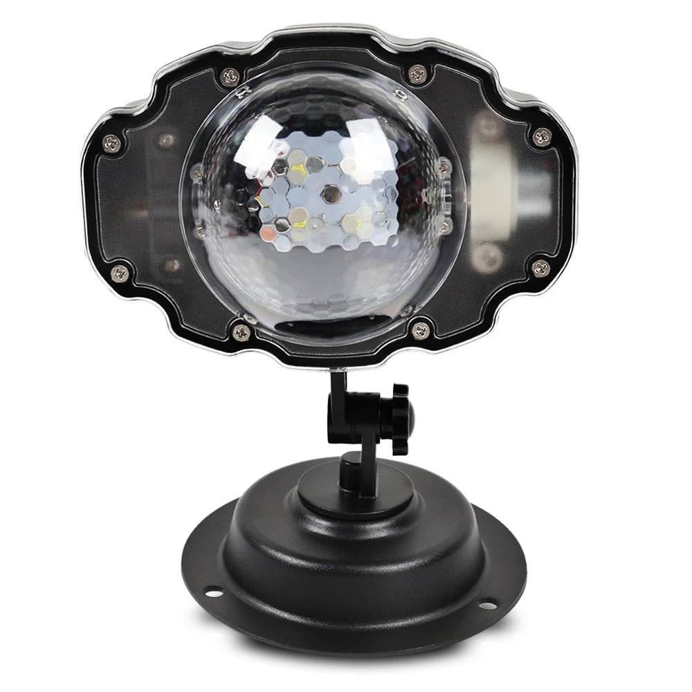 Black Trendoligy LED snowfall projector light with adjustable mounting base on white background