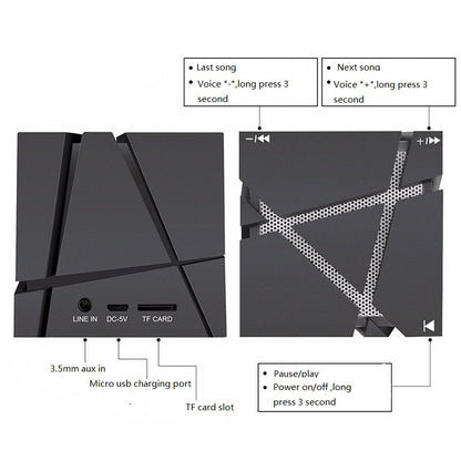 Black Trendoligy cube Bluetooth speaker with colorful lights, subwoofer, ports, and control buttons