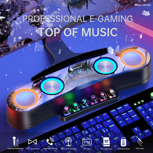 Professional e-gaming Bluetooth speaker with LED lights and multi-function control panel on gaming desk