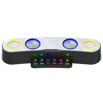 Trendoligy desktop Bluetooth gaming speaker with LED lights, black and silver design, six control buttons