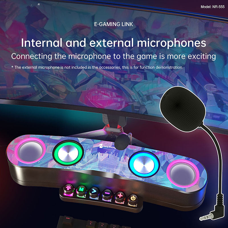 Black USB desktop gaming Bluetooth speaker with LED lights and external microphone plugged in