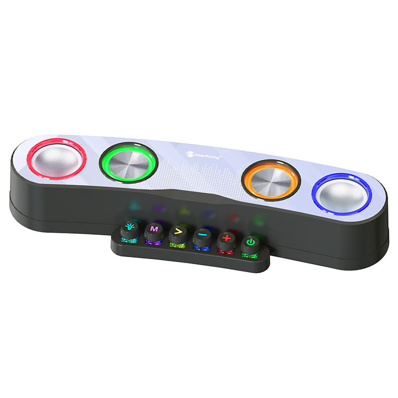 Black desktop gaming Bluetooth speaker with four LED-lit circular drivers and colorful control buttons