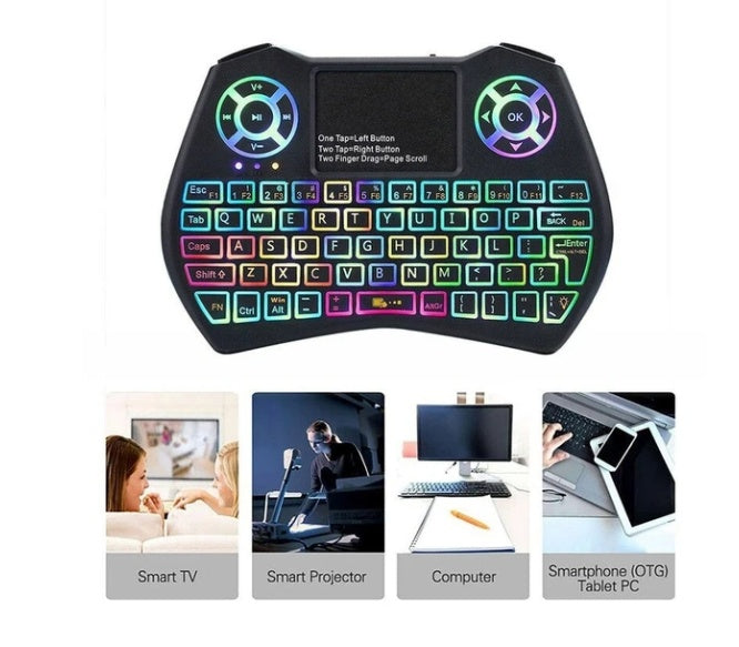 Trendoligy mini wireless keyboard with RGB backlit keys and touchpad for smart TV, projector, computer, and tablet