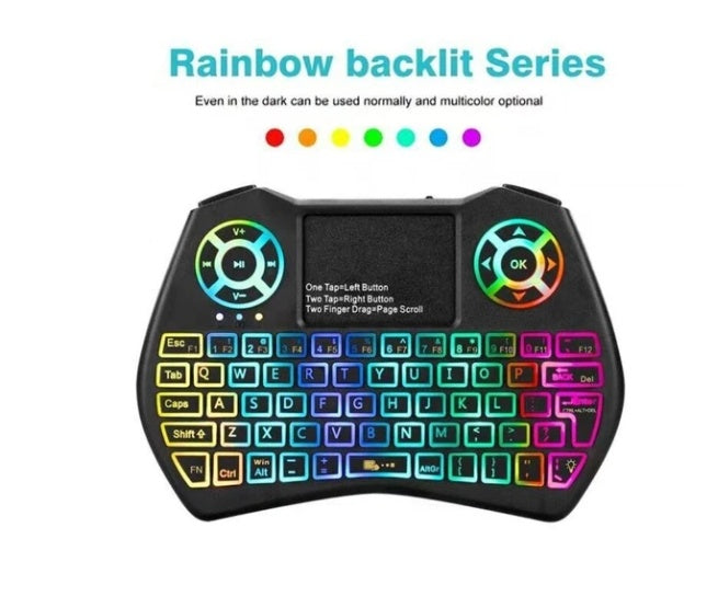 Compact mini wireless keyboard with rainbow RGB backlit keys and integrated touchpad