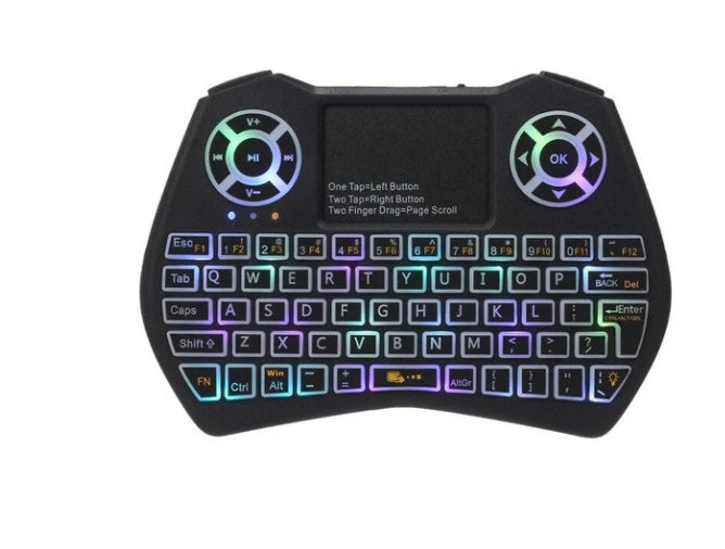 Black compact mini wireless keyboard with RGB backlit keys, touchpad, and multimedia controls