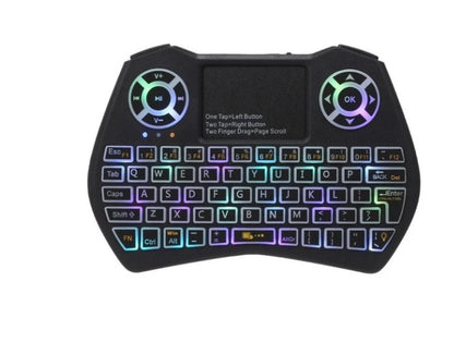 Black compact mini wireless keyboard with RGB backlit keys, touchpad, and multimedia controls