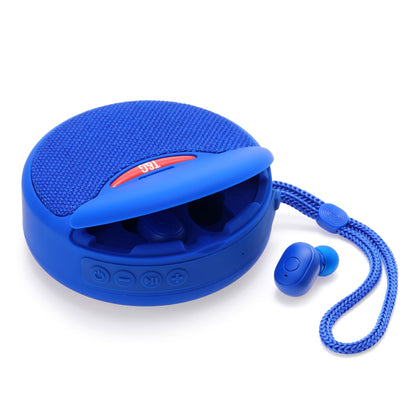 Blue portable Bluetooth speaker with built-in compartment holding wireless earbuds and a wrist strap