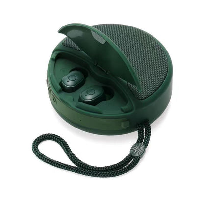 green wireless earbuds in a round charging case with woven fabric top and attached braided strap