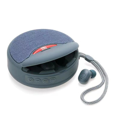 Blue portable Bluetooth speaker with fabric top, control buttons, and wireless earbuds with braided strap