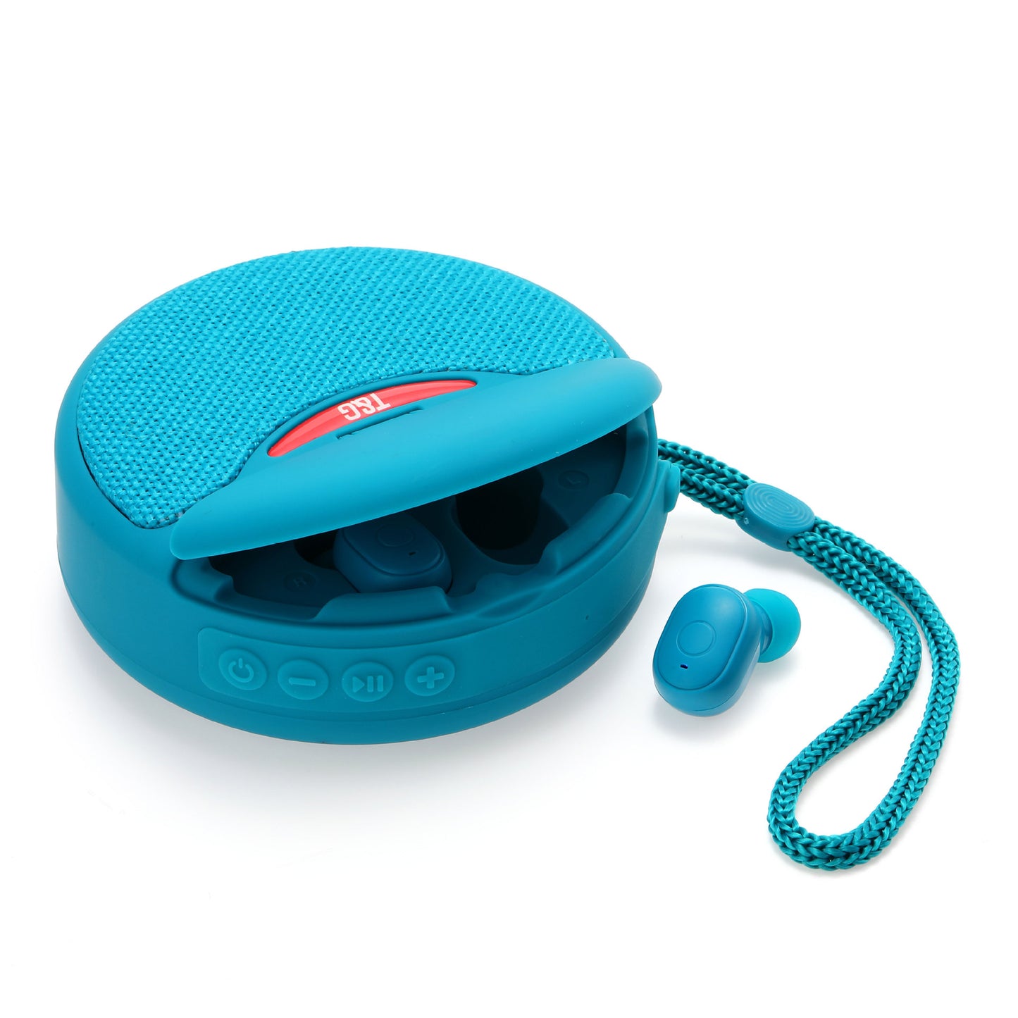Blue wireless earbuds with charging case that doubles as a portable Bluetooth speaker with control buttons