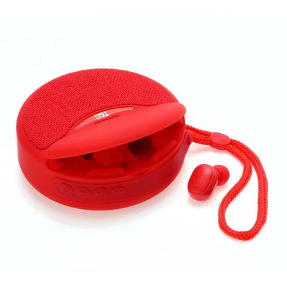 Red round portable Bluetooth speaker with fabric top and wireless earbuds with red lanyard