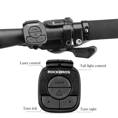 Black ROCKBROS bike handlebar remote control with laser, tail light, and turn signal buttons