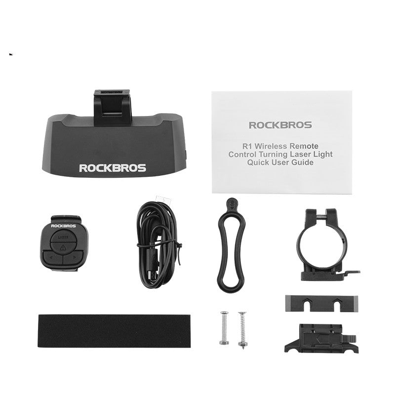ROCKBROS wireless remote control bike laser light kit with user guide, charger, mounting accessories