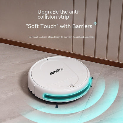 White Clean Robot smart robot vacuum cleaner with anti-collision strip on tiled floor near wall
