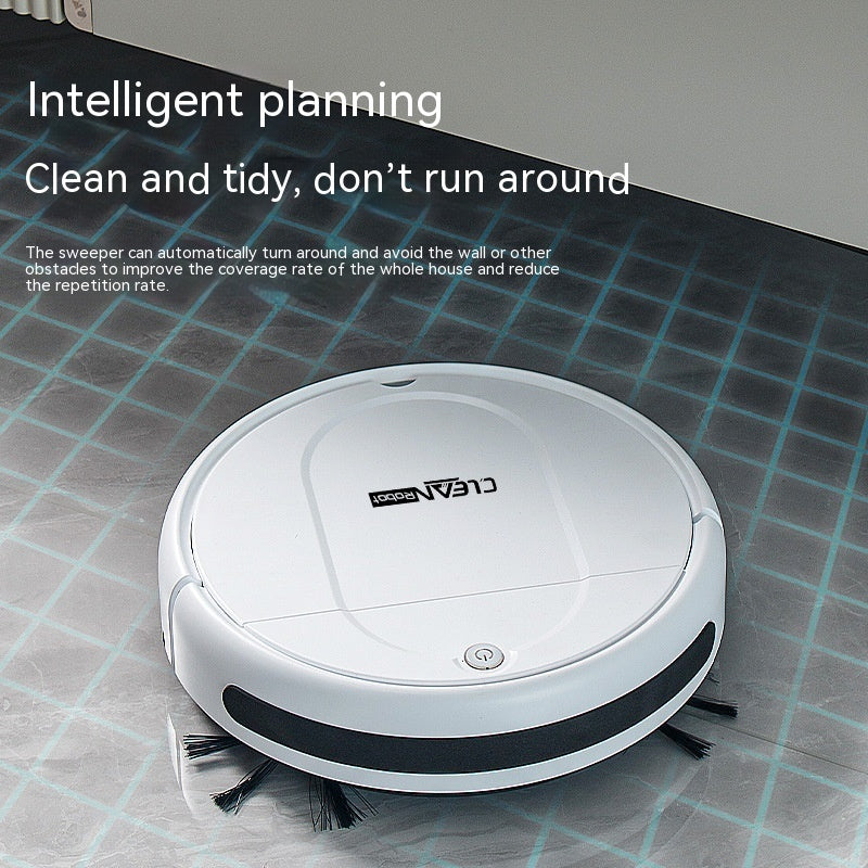 White robotic vacuum cleaner on tiled floor with text about intelligent planning and automatic obstacle avoidance