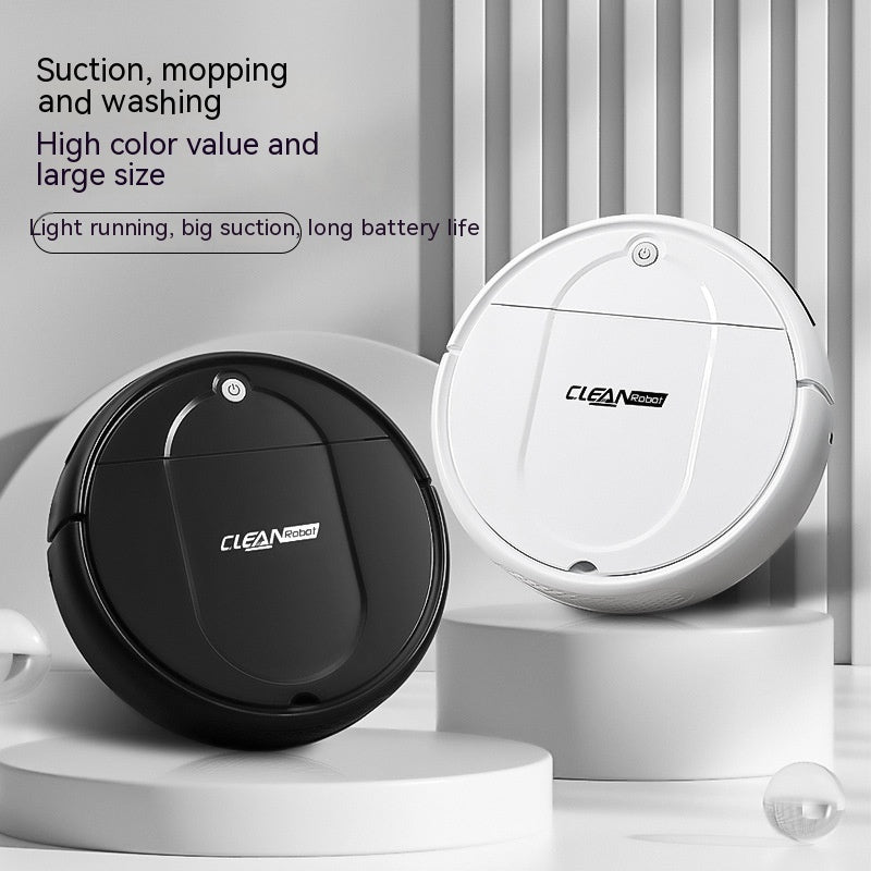 Black and white CLEAN Robot smart vacuum cleaners with suction, mopping, and long battery life features