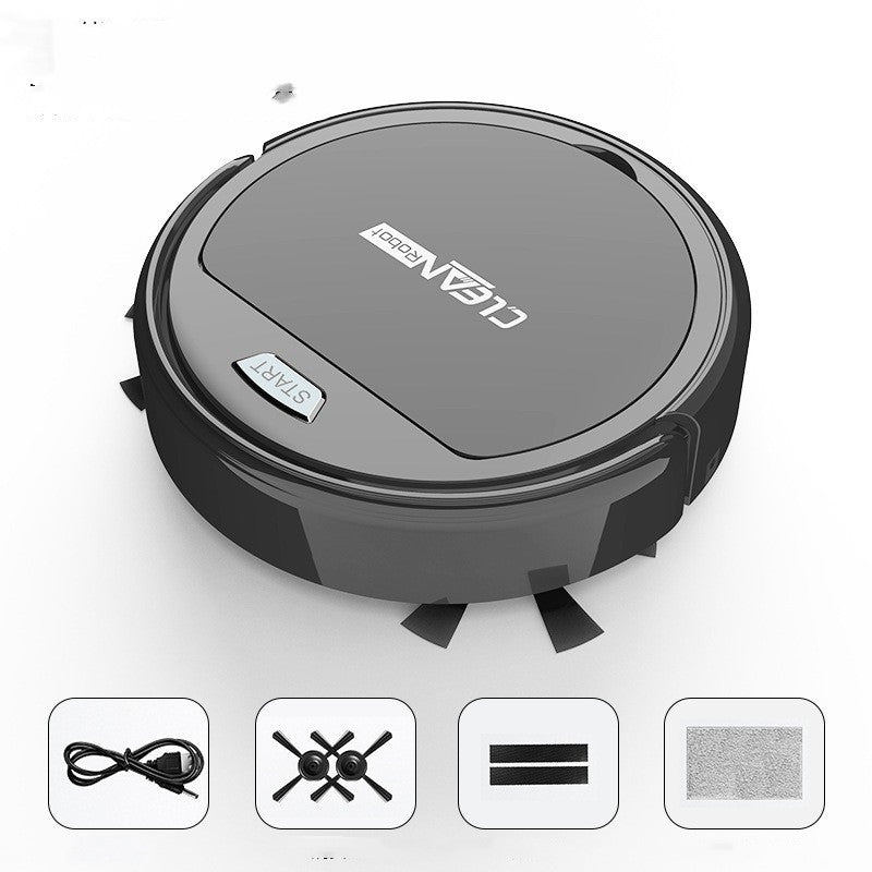 Black Trendoligy smart robot vacuum cleaner with start button and cleaning accessories on white background