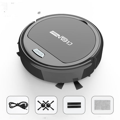 Black Trendoligy smart robot vacuum cleaner with start button and cleaning accessories on white background