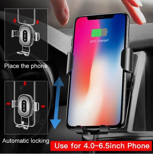 Black wireless car charger mount holding smartphone with 60% charge, auto grip for 4.0 to 6.5 inch phones