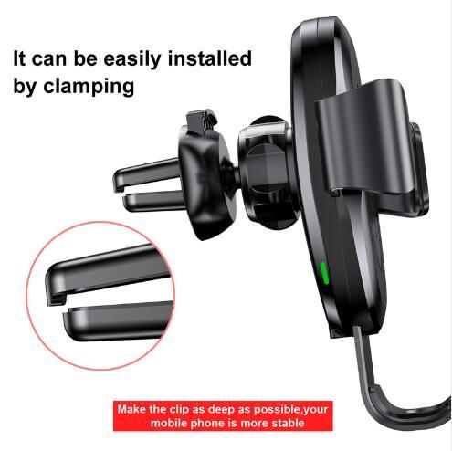 Black wireless car charger mount with gravity auto grip and air vent clip for stable phone hold