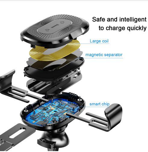 Exploded view of black wireless car charger showing large coil, magnetic separator, and smart chip components