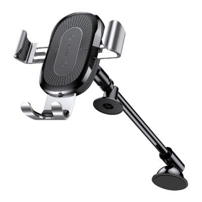 Black wireless car charger with gravity auto grip and adjustable arm mount for phones