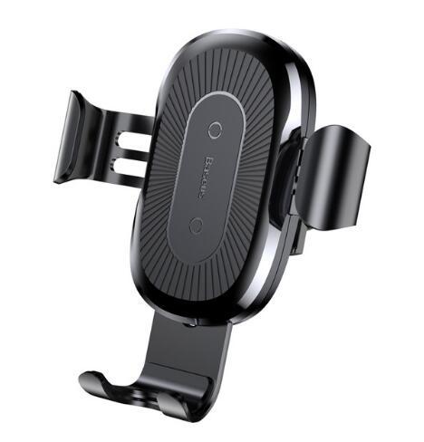 Black wireless car charger with gravity auto grip and 10W fast charging mount for smartphones