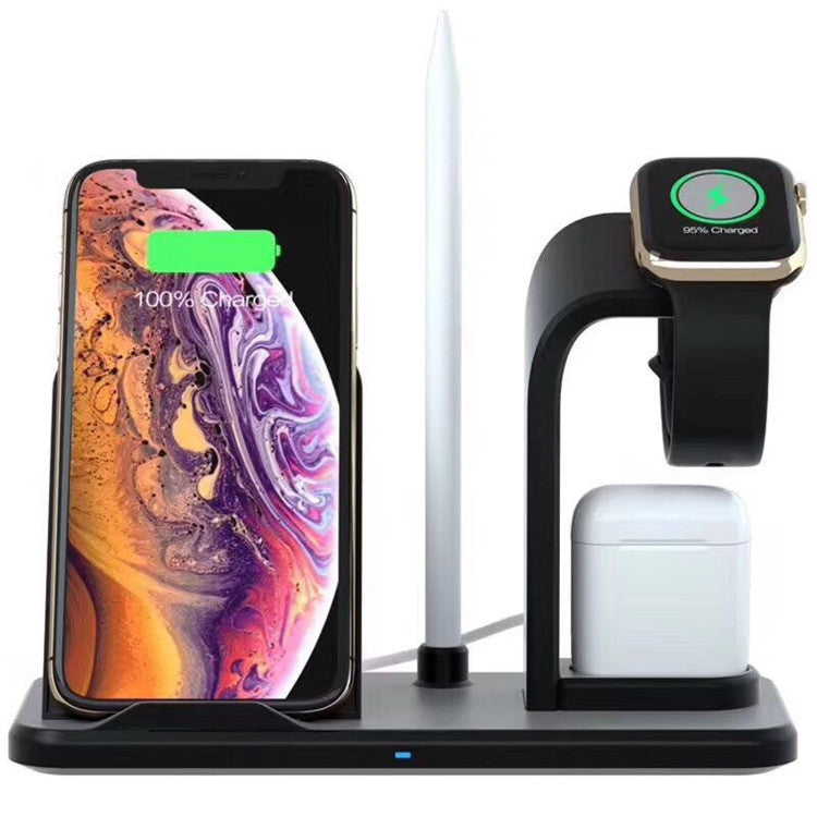 Black wireless charging station with smartphone, smartwatch, earbuds case, and stylus stand