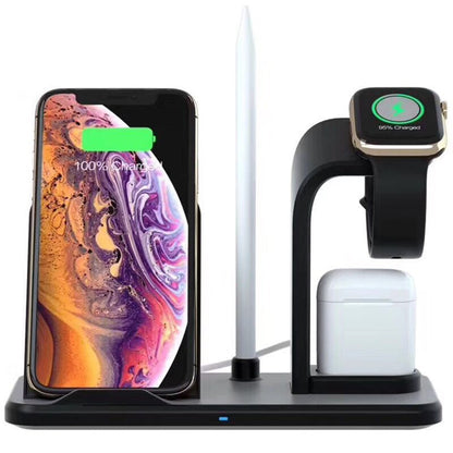 Black wireless charging station with smartphone, smartwatch, earbuds case, and stylus stand