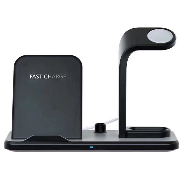 Black wireless charger dock with fast charge pad and elevated stand for earbuds and smartwatch