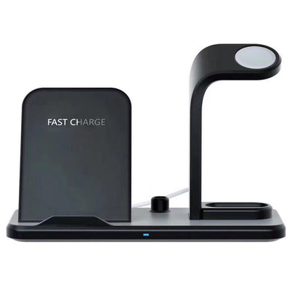 Black wireless charger dock with fast charge pad and elevated stand for earbuds and smartwatch